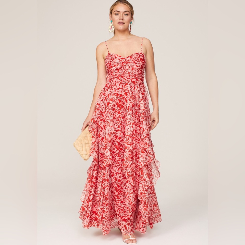 Badgley Mischka Red Floral Ruffled Maxi Dress